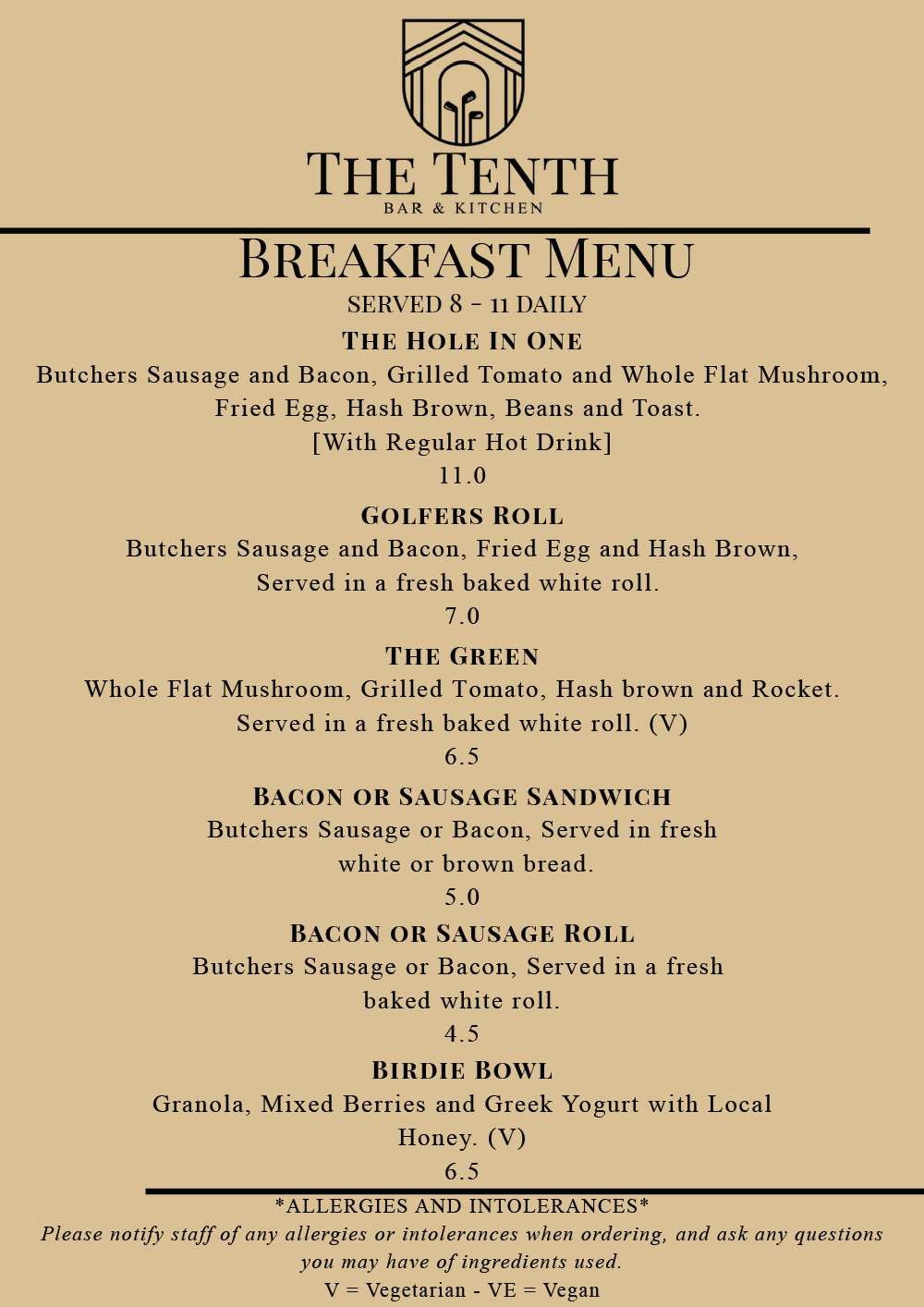 The Tenth Bar & Kitchen menu - Manston Golf Centre
