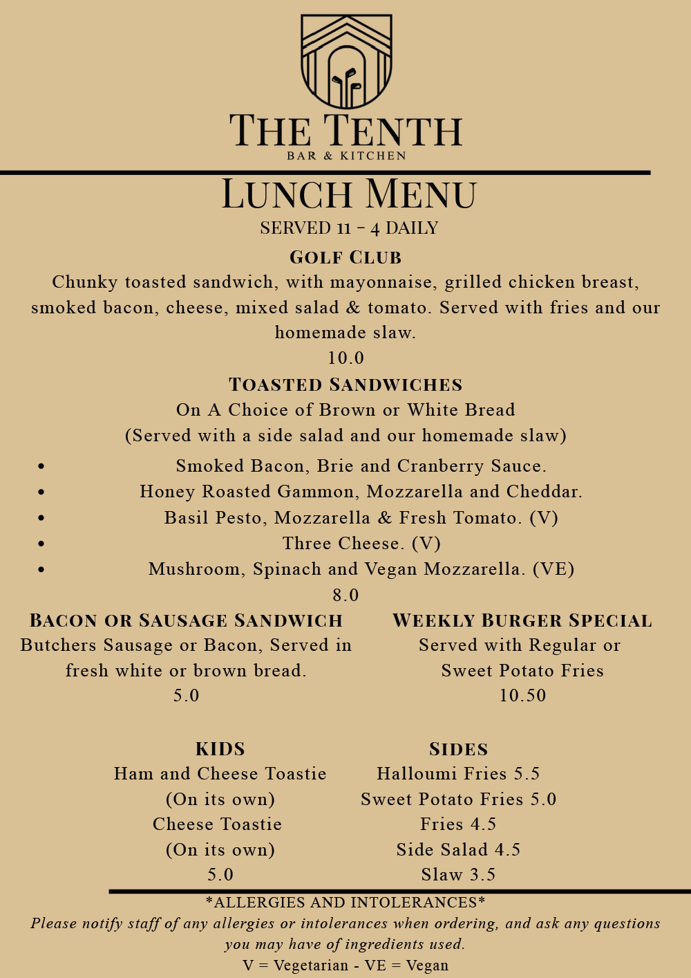 The Tenth Bar & Kitchen menu - Manston Golf Centre