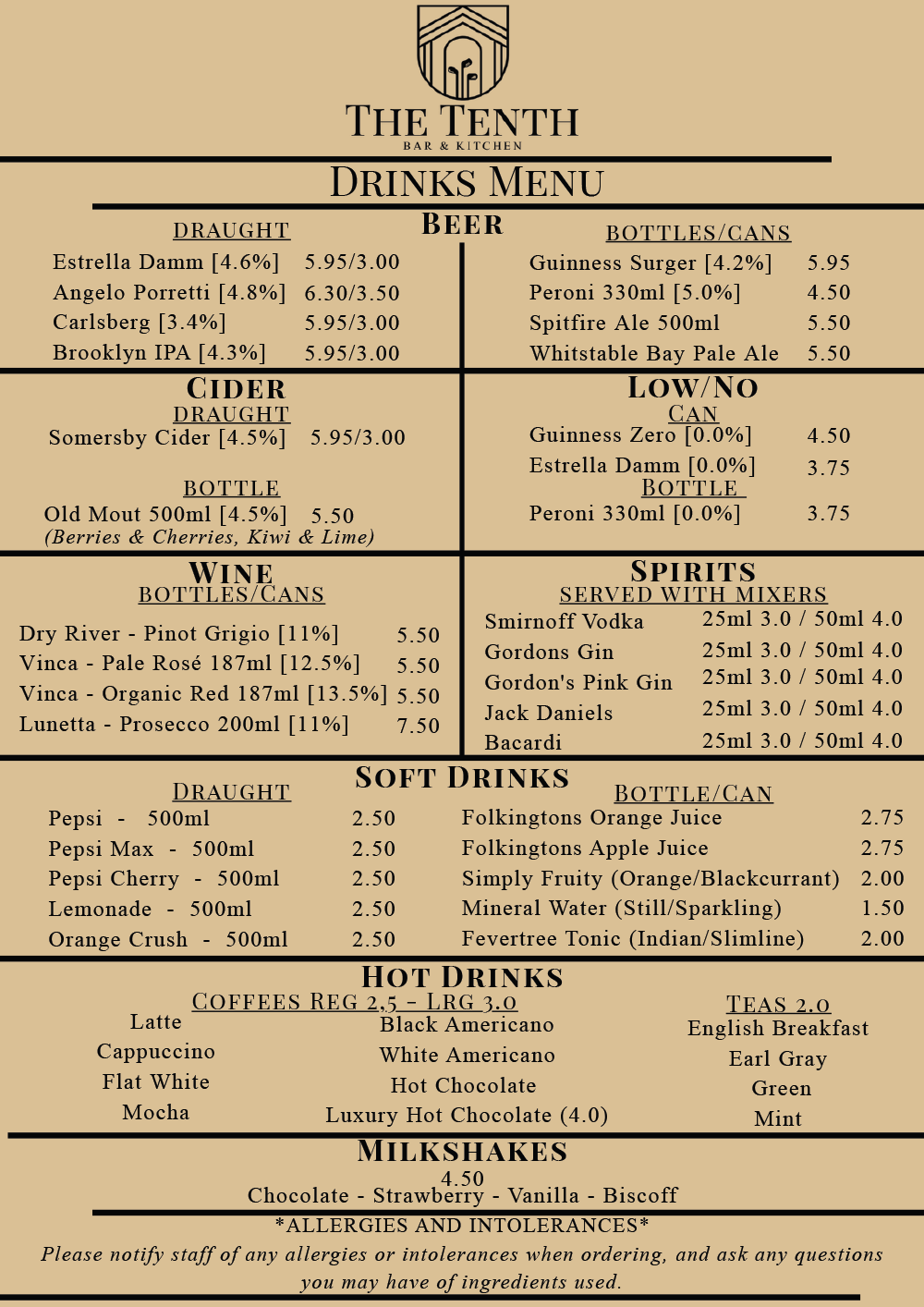 The Tenth Bar & Kitchen menu - Manston Golf Centre